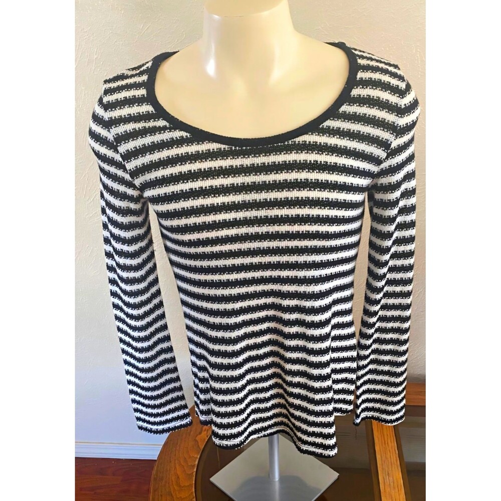 Bobbie Brooks Black White Striped Knit Pullover Sweater Scoop Neck Long L
